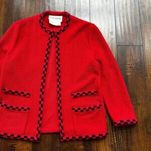 VTG Castleberry Womens Knit Cardigan Blazer Jacket Red Checkerboard Cute Grandma
